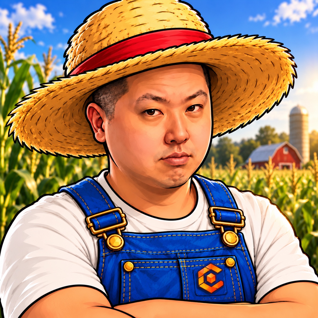 Farmer George in his straw hat and blue Clash overalls